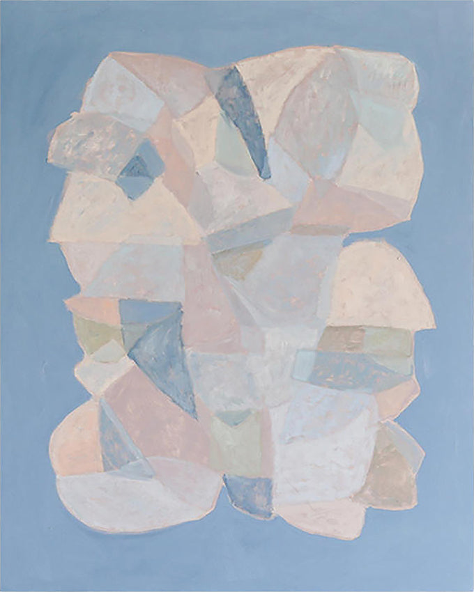 A cluster of soft pastel geometric fragments floating on a dusty blue ground