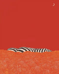 A zebra hidden low in patterned orange grass beneath a flat red sky and a thin crescent moon