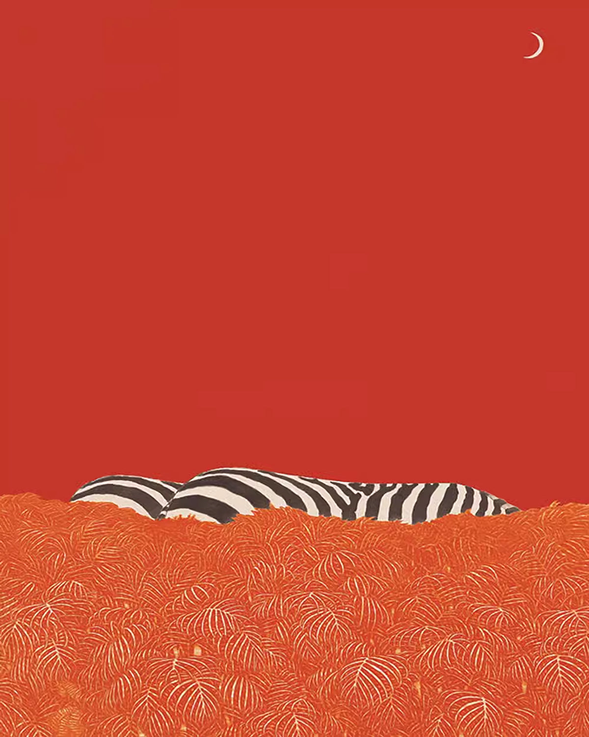 A zebra hidden low in patterned orange grass beneath a flat red sky and a thin crescent moon