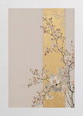 A spray of pale cherry blossoms crossing a vertical gold-leaf panel on taupe