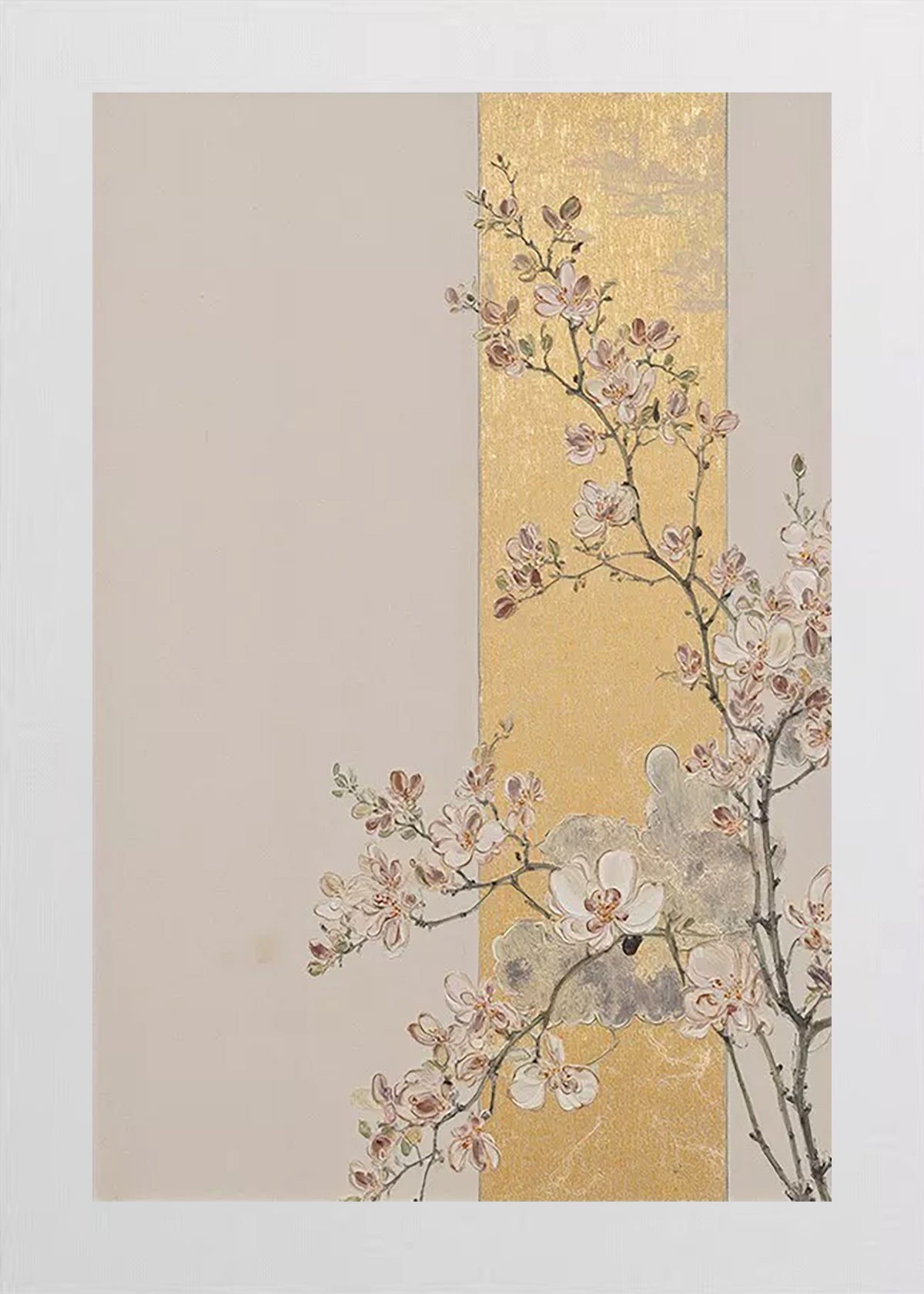 A spray of pale cherry blossoms crossing a vertical gold-leaf panel on taupe