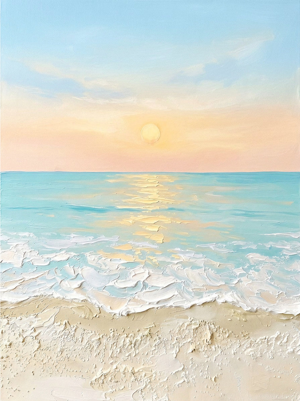 Foamy surf rolling onto pale sand under a soft peach and blue sunset