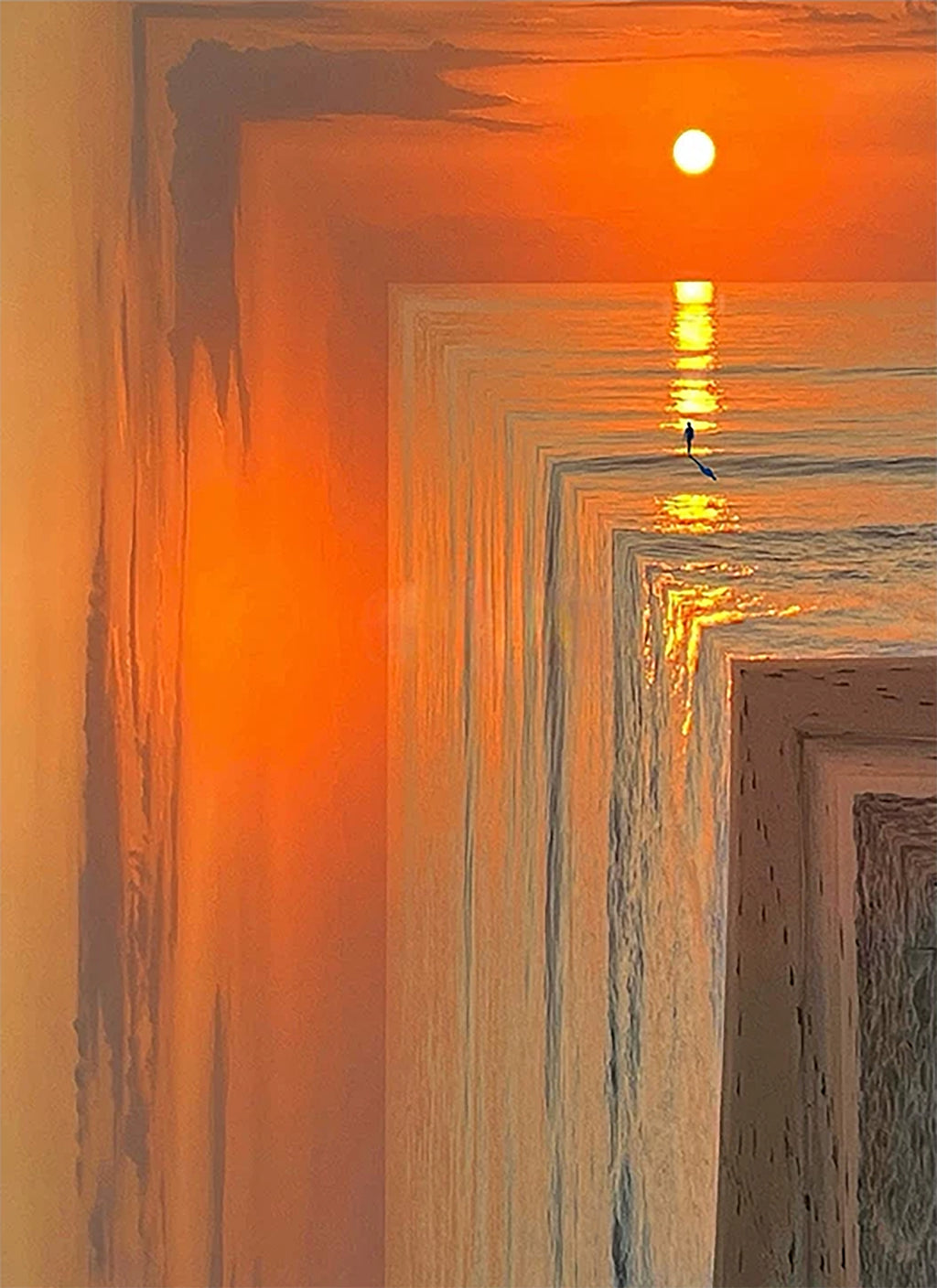 An orange sunset over the sea seen through receding frames of shimmering light