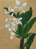 White orchid sprays and broad green leaves on a soft gold ground