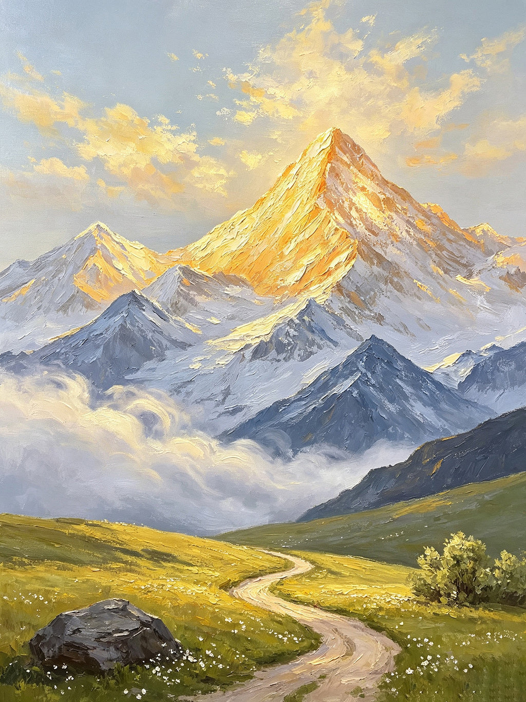 A sunlit golden peak above a sea of cloud, a winding path through a green meadow below
