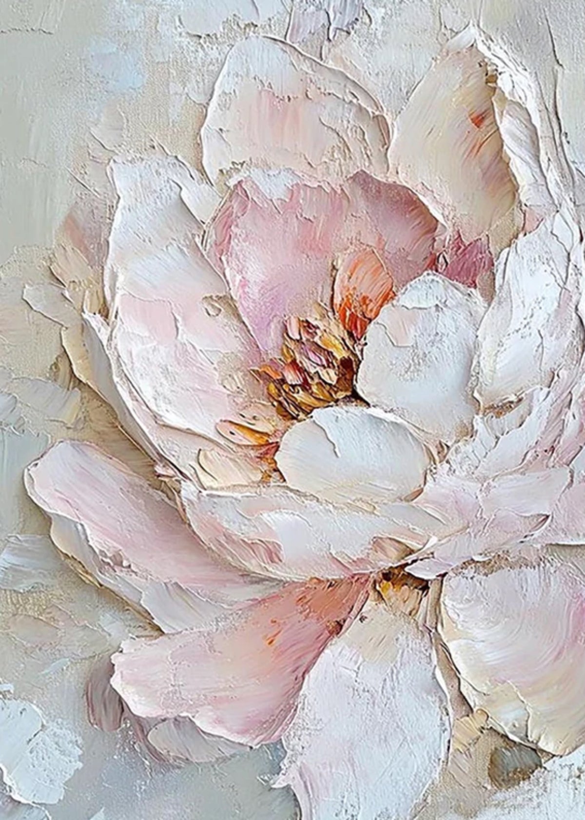 A blush and white peony with a golden heart, built up in thick sculpted petals