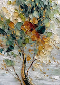 A tree crowned with teal, amber and rust leaves in thick palette-knife daubs on a pale ground