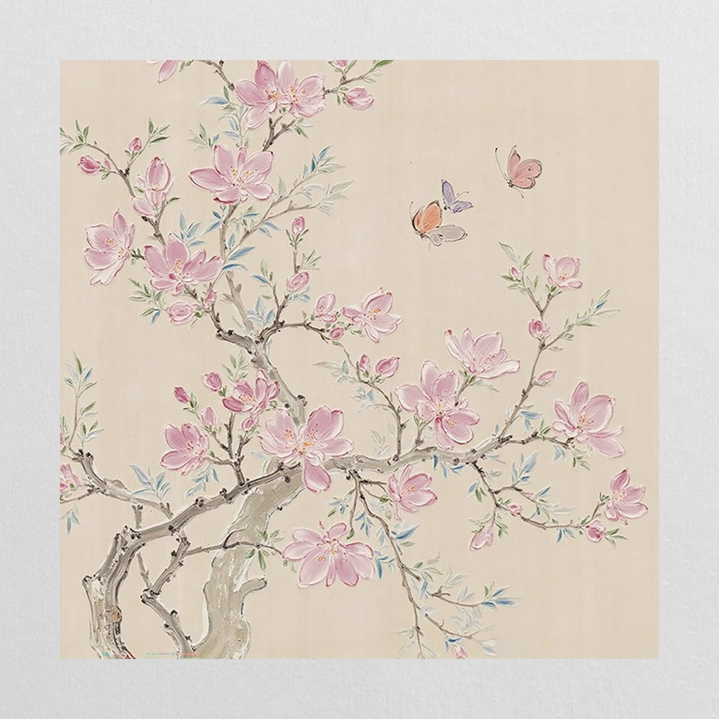 A blossoming branch with pink butterflies drifting past.