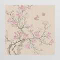 A blossoming branch with pink butterflies drifting past.