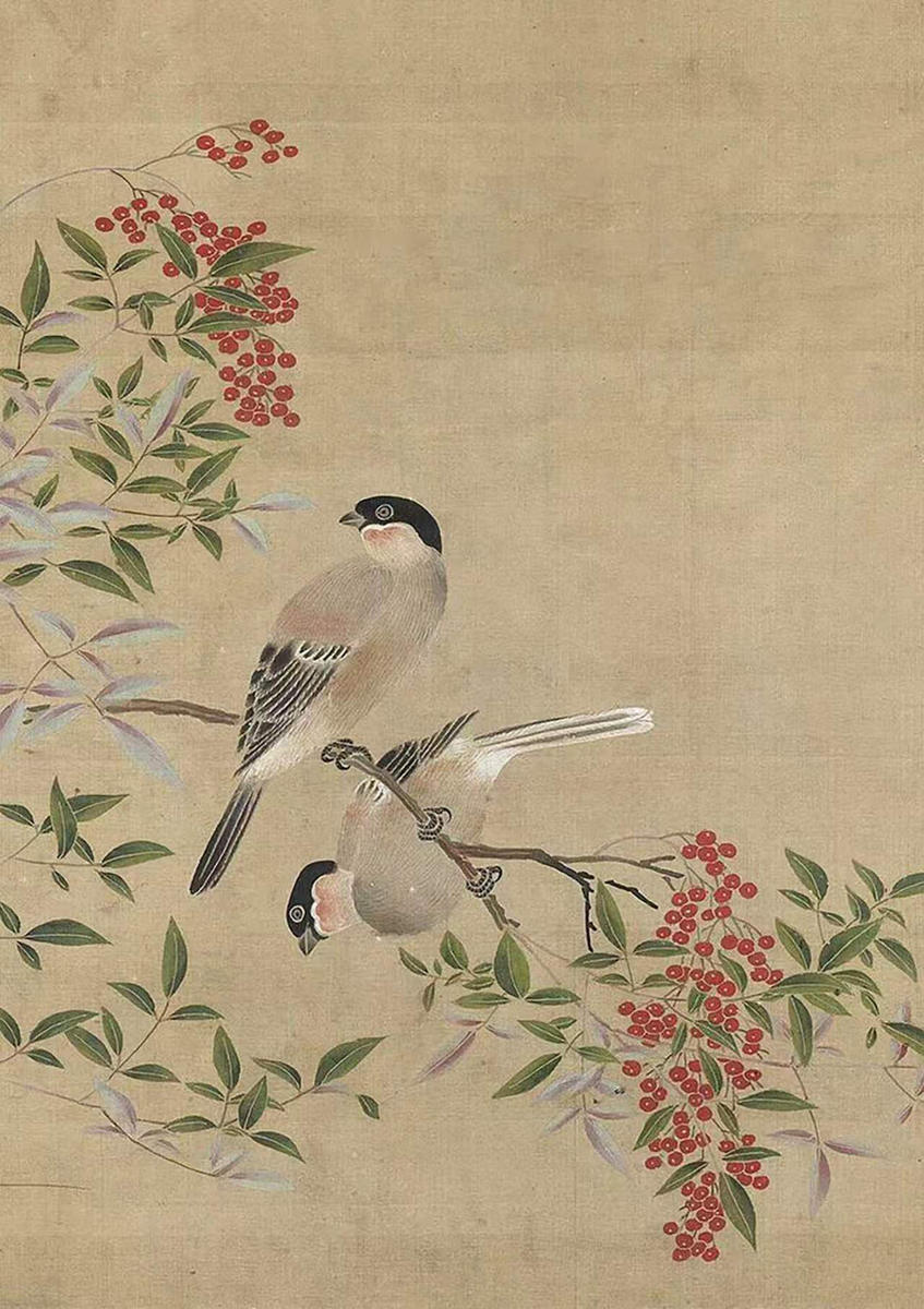 A pair of bullfinches on a branch among clusters of red nandina berries, on an aged silk-toned ground