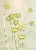Pale green lotus leaves and seed pods on tall stems, sculpted in relief over soft green hills