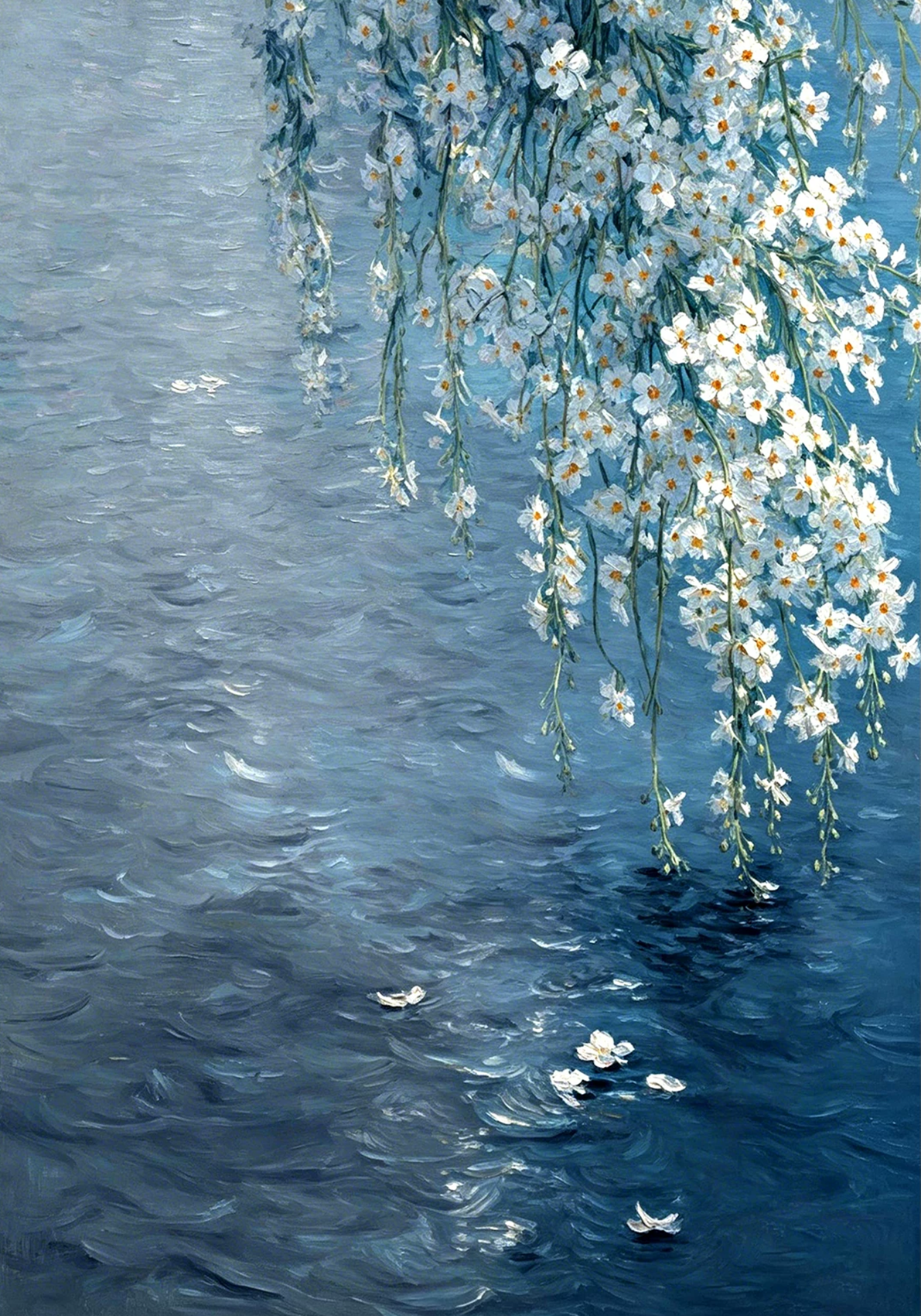 White blossoms drifting down onto a rippling blue-grey water surface.