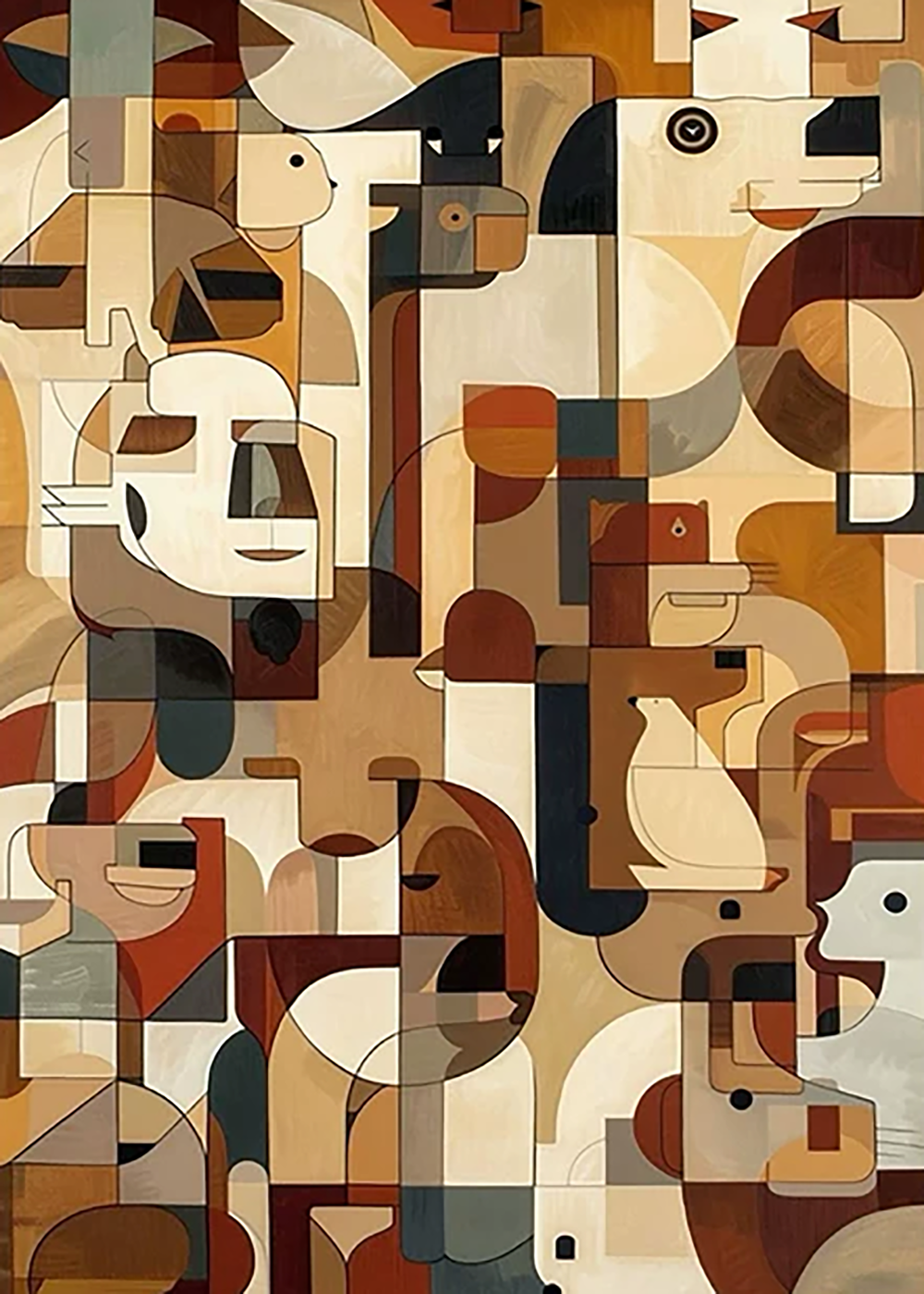 Interlocking cubist faces in warm browns, creams and rusts.