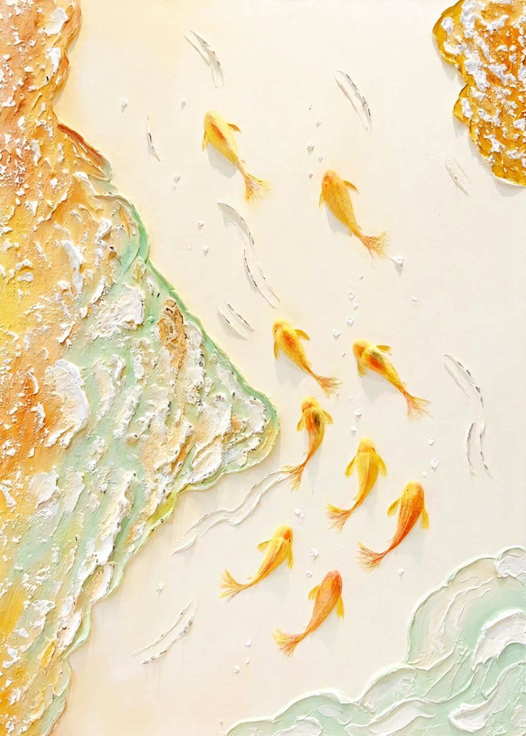 Golden koi swimming between sculpted waves of gold and sea-green foam