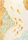 Golden koi swimming between sculpted waves of gold and sea-green foam