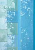 Blocks of blue and aqua behind soft, dappled leaf shadows.