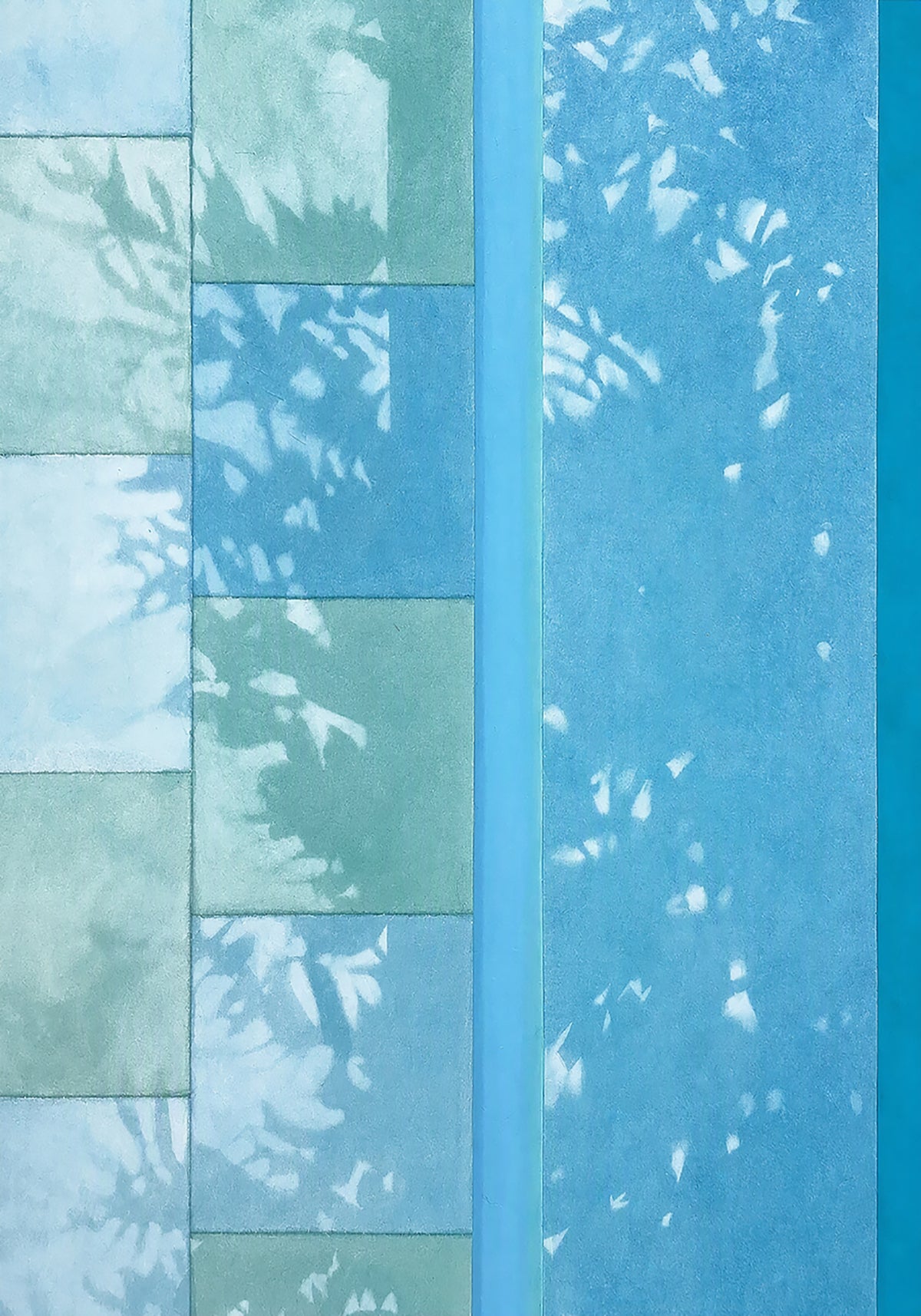Blocks of blue and aqua behind soft, dappled leaf shadows.