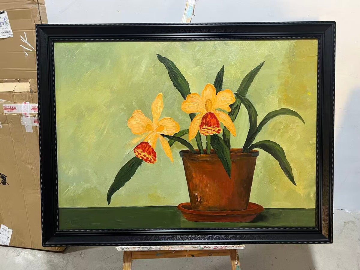 Yellow Orchids in a Clay Pot