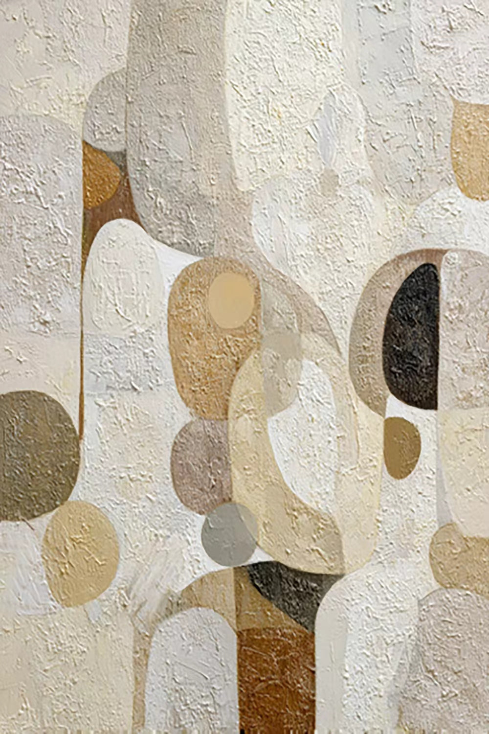 Overlapping rounded shapes in cream, sand, taupe and charcoal with a plaster-like texture