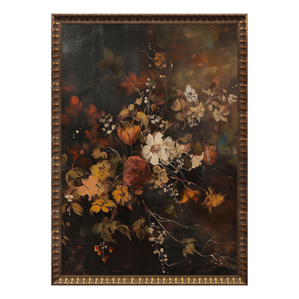 A loose bouquet of rust, amber and cream flowers glowing against a deep brown ground, in the old-master manner