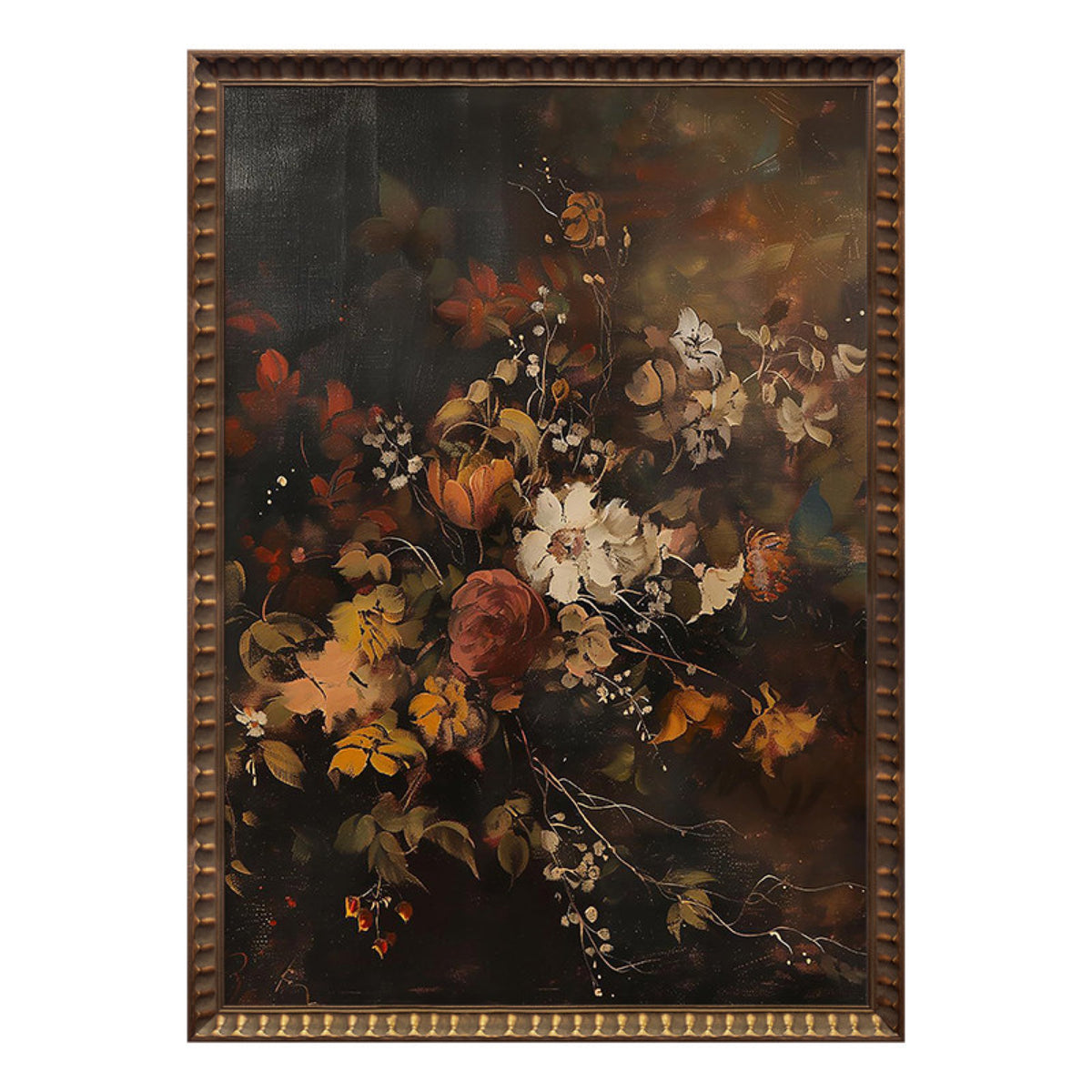 A loose bouquet of rust, amber and cream flowers glowing against a deep brown ground, in the old-master manner