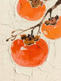 Ripe orange persimmons on a bare branch against a pale ground.