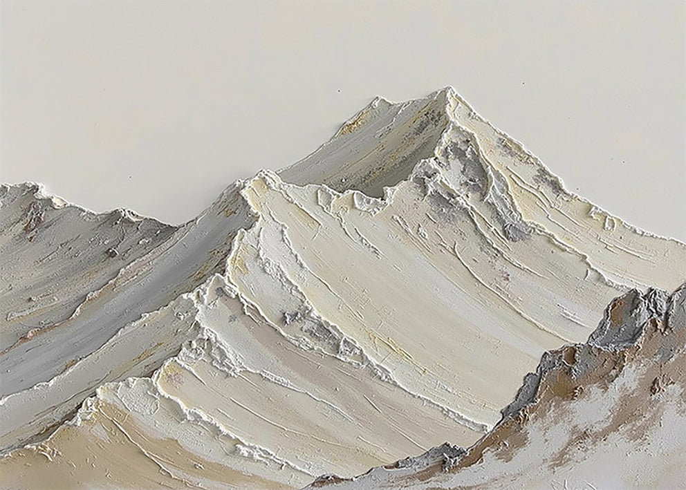 Snow-covered ridges sculpted in thick white and ivory palette-knife strokes