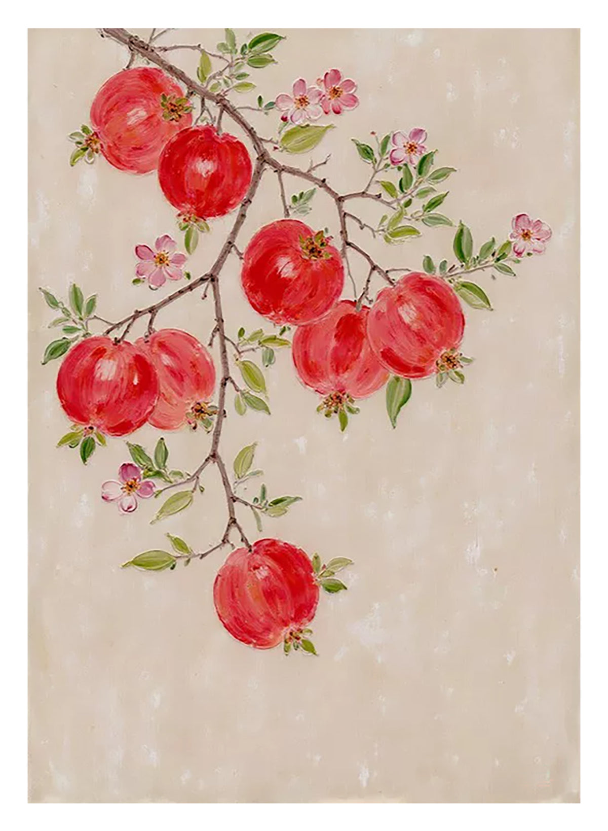 Ripe red pomegranates and pink blossoms hanging from a slender branch on a soft cream ground