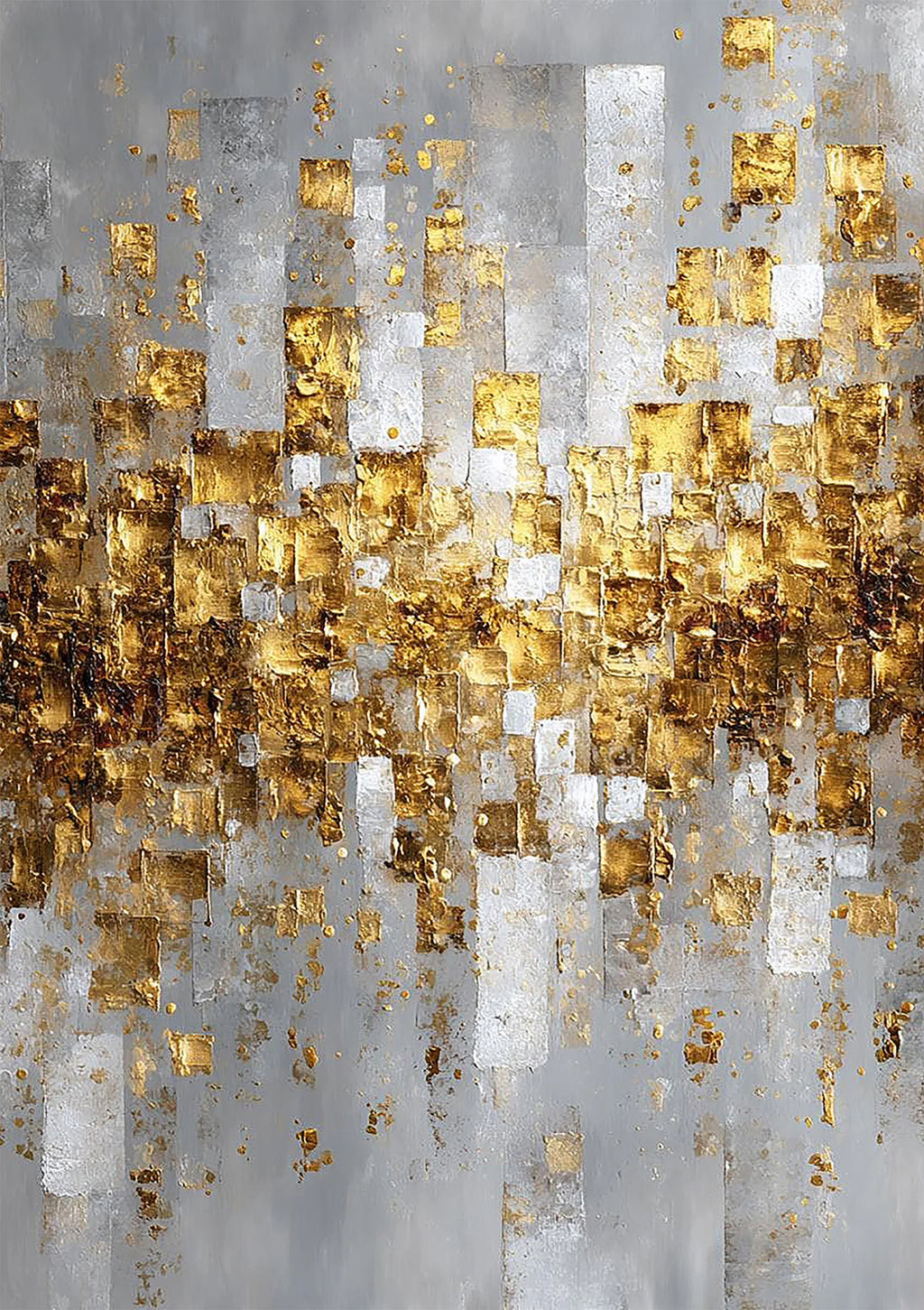 Squares of gold leaf cascading over layered blocks of silver and grey