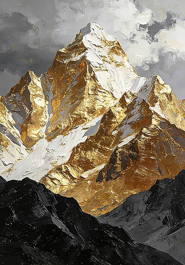 A snow peak gleaming in gold leaf above dark ridges under a stormy grey sky