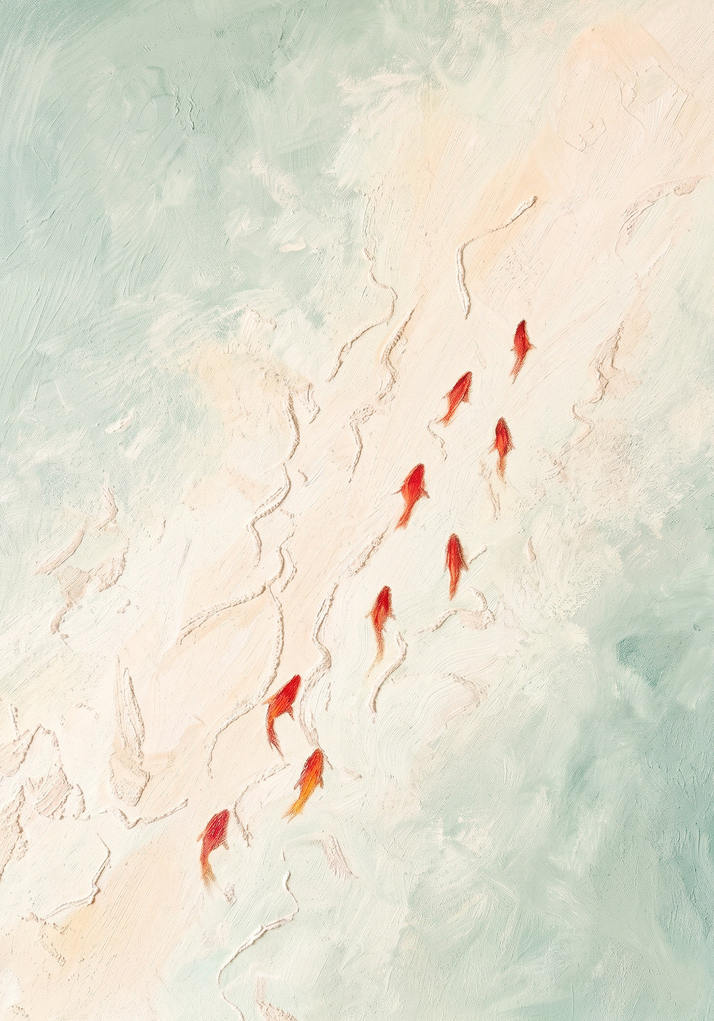 A line of small red goldfish swimming upstream through pale sea-green water