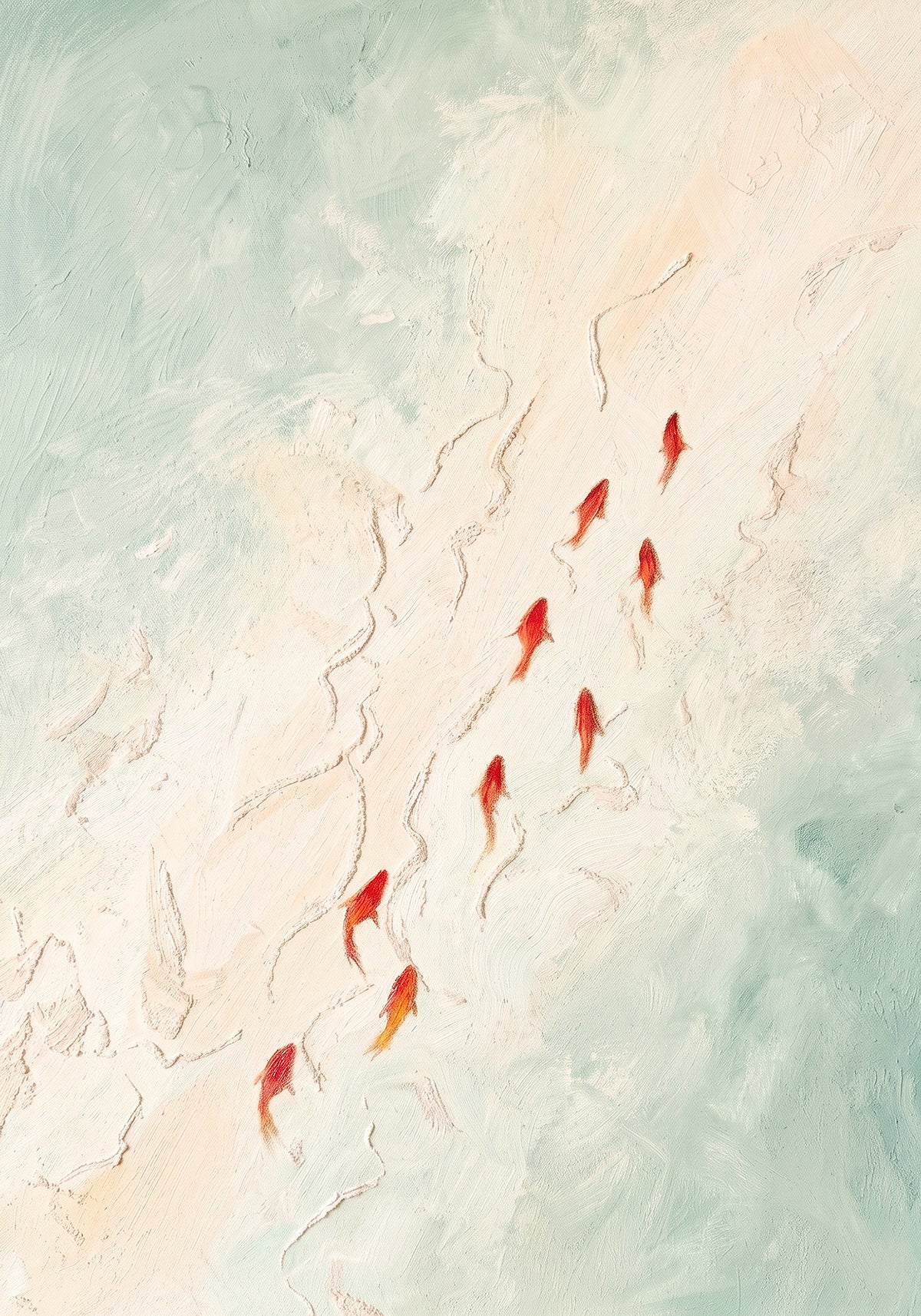 A line of small red goldfish swimming upstream through pale sea-green water