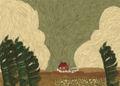 Textured green hills and cream-colored trees with grazing sheep.