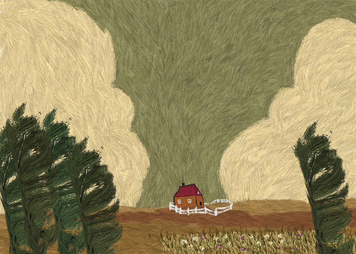 Textured green hills and cream-colored trees with grazing sheep.