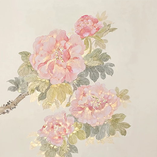 Pink peonies in bloom with a small bird perched among the leaves.
