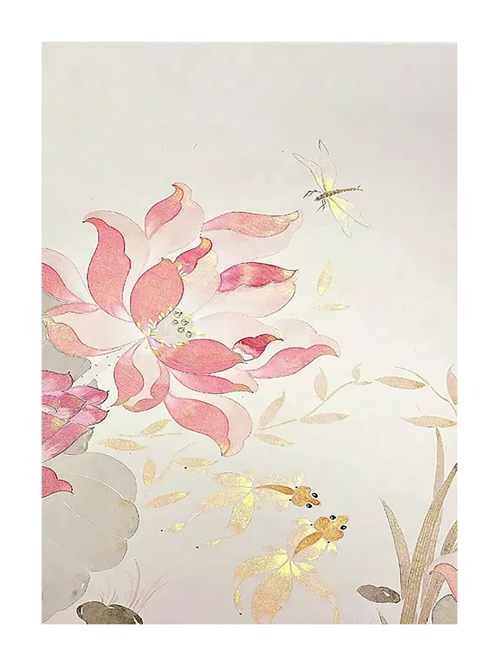 Pink lotus blooms above goldfish drifting in ink-wash water.