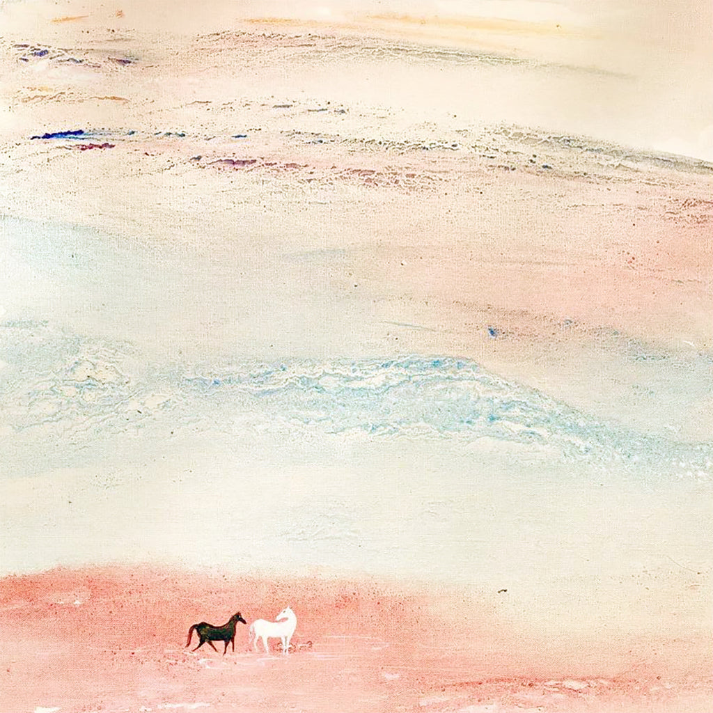 A soft abstract wash of rose, cream and pale blue.