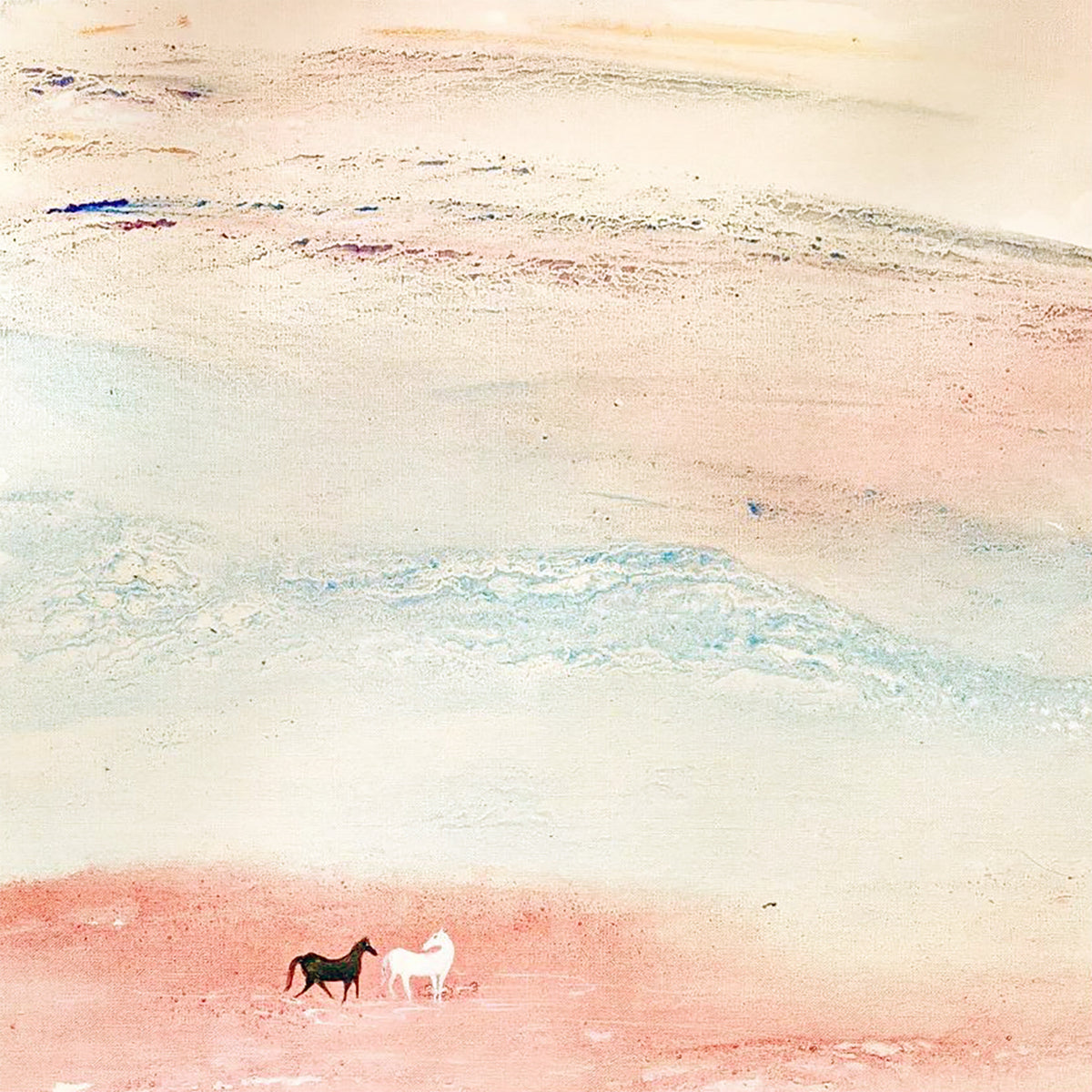 A soft abstract wash of rose, cream and pale blue.