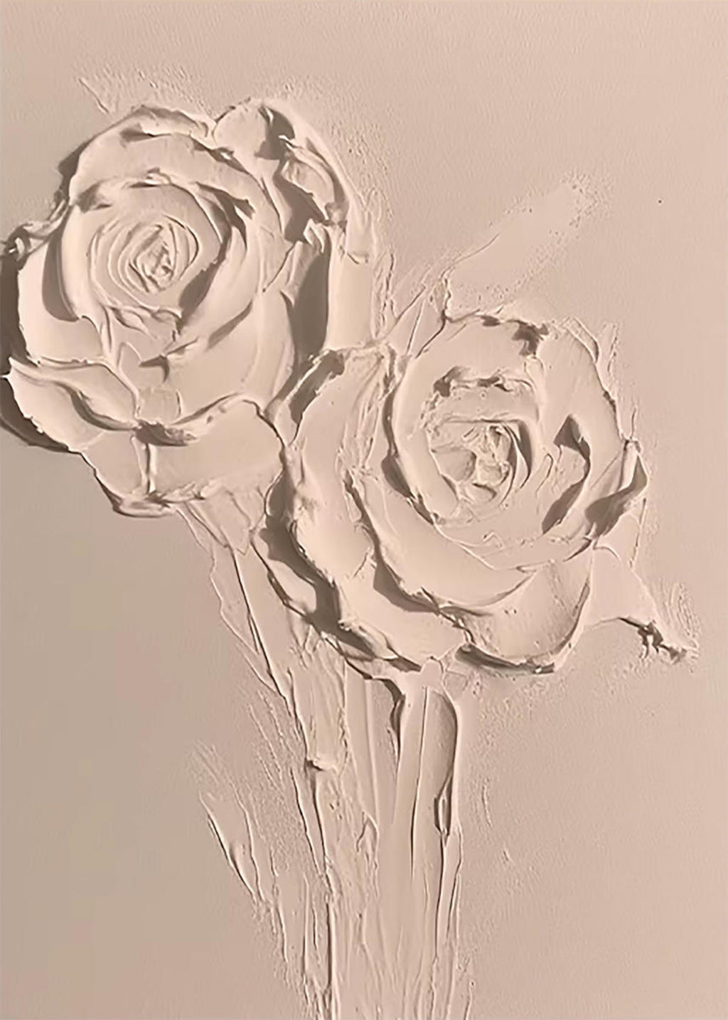 Two roses sculpted in thick white plaster-like paint on a warm cream ground