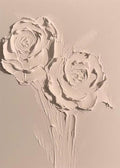Two roses sculpted in thick white plaster-like paint on a warm cream ground
