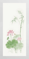 Pink lotus blooms and bamboo in gentle watercolor.