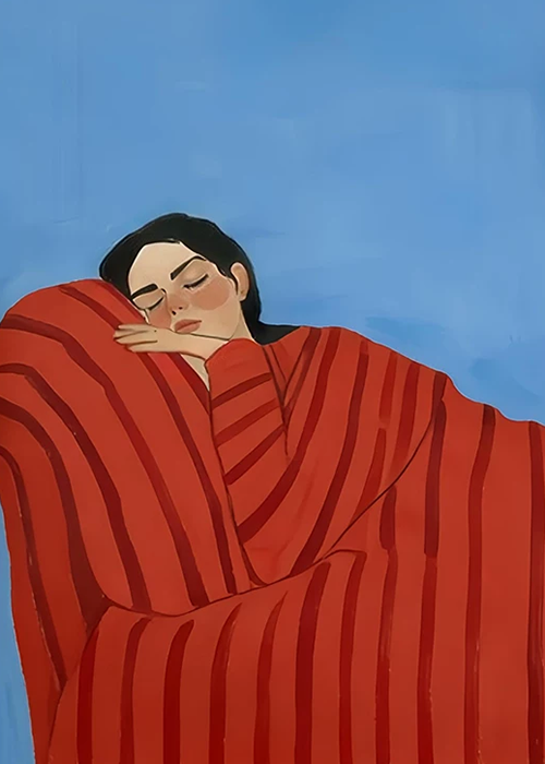 A woman in a red striped sweater resting her head on her arm against a blue sky.
