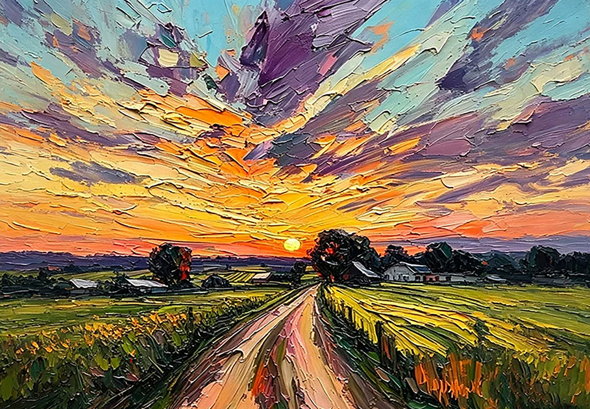 A dirt road between green fields leading toward a blazing sunset under violet clouds
