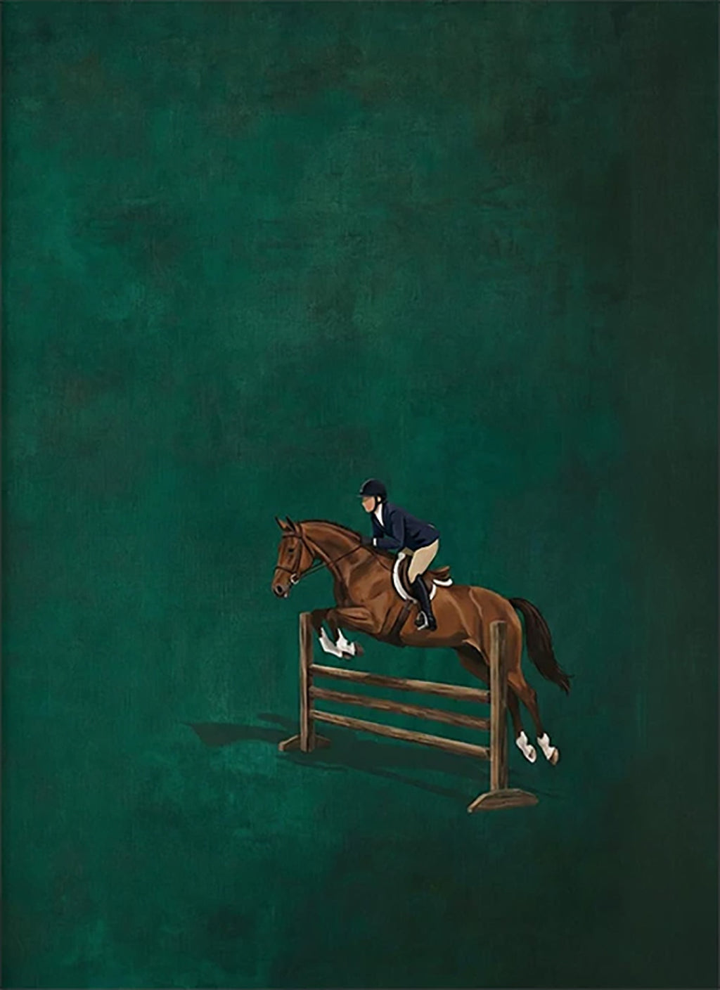 A show jumper clearing a rail fence on a deep green ground