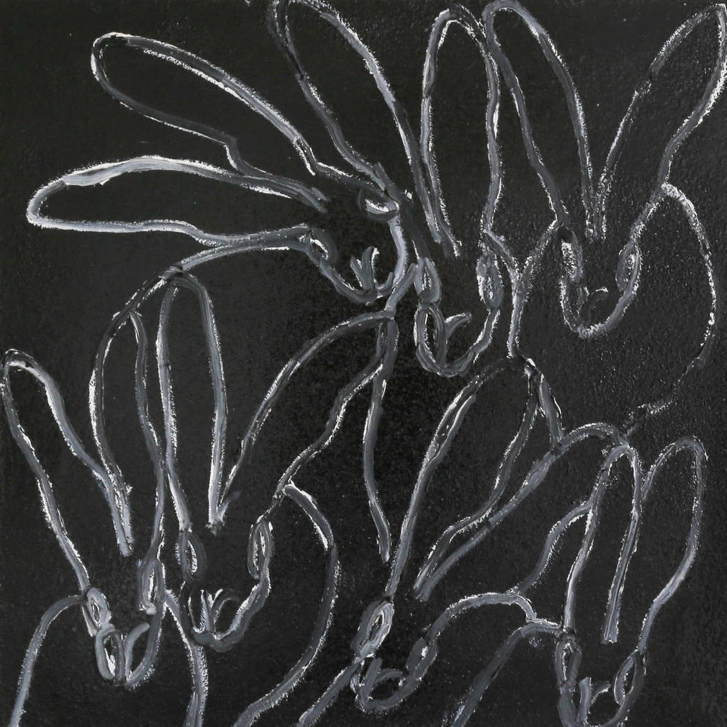 A rabbit drawn in flowing white line on a dark silver-grey ground.
