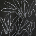 A rabbit drawn in flowing white line on a dark silver-grey ground.