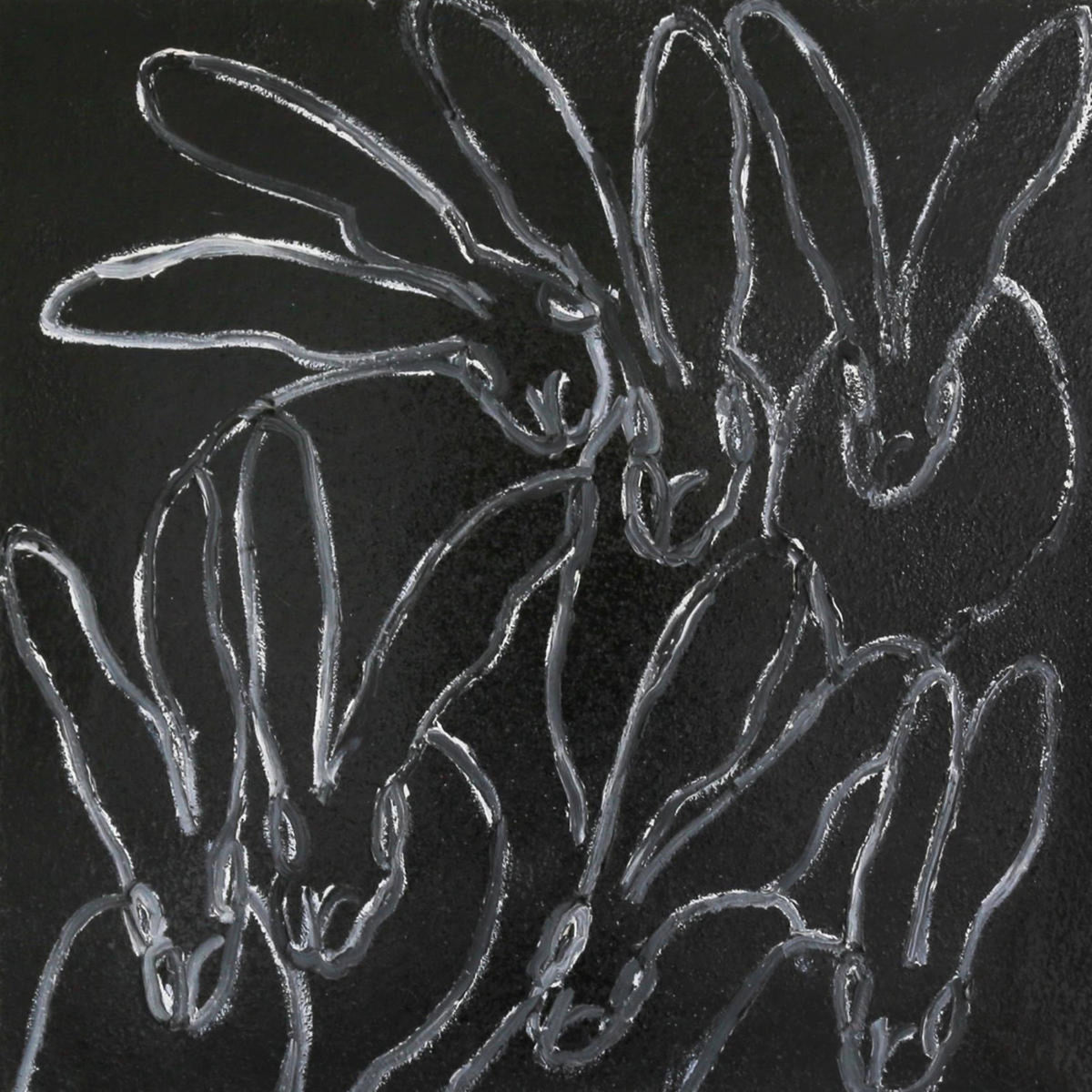A rabbit drawn in flowing white line on a dark silver-grey ground.