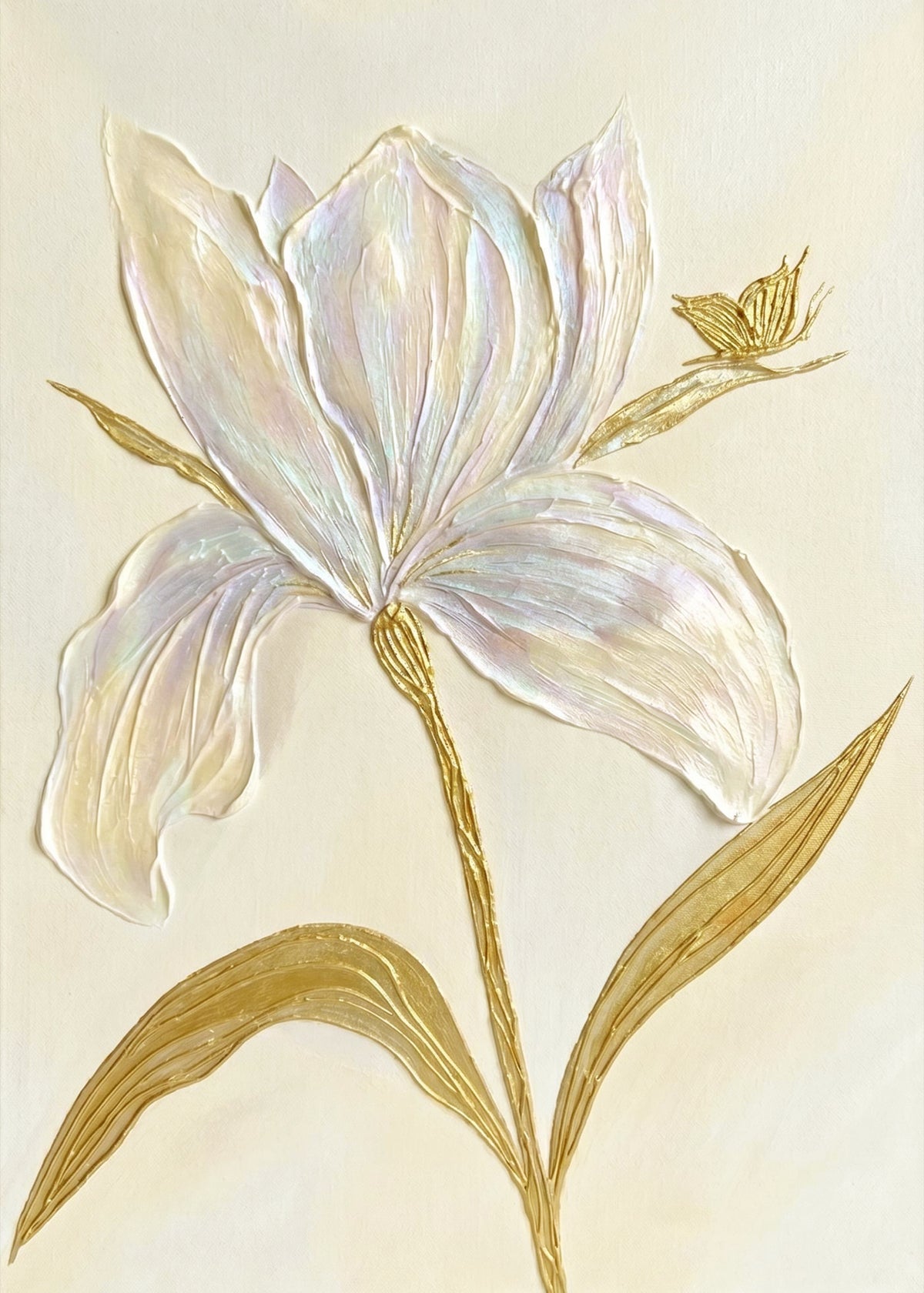 An iridescent white iris with gold-leaf stems and a small gold butterfly