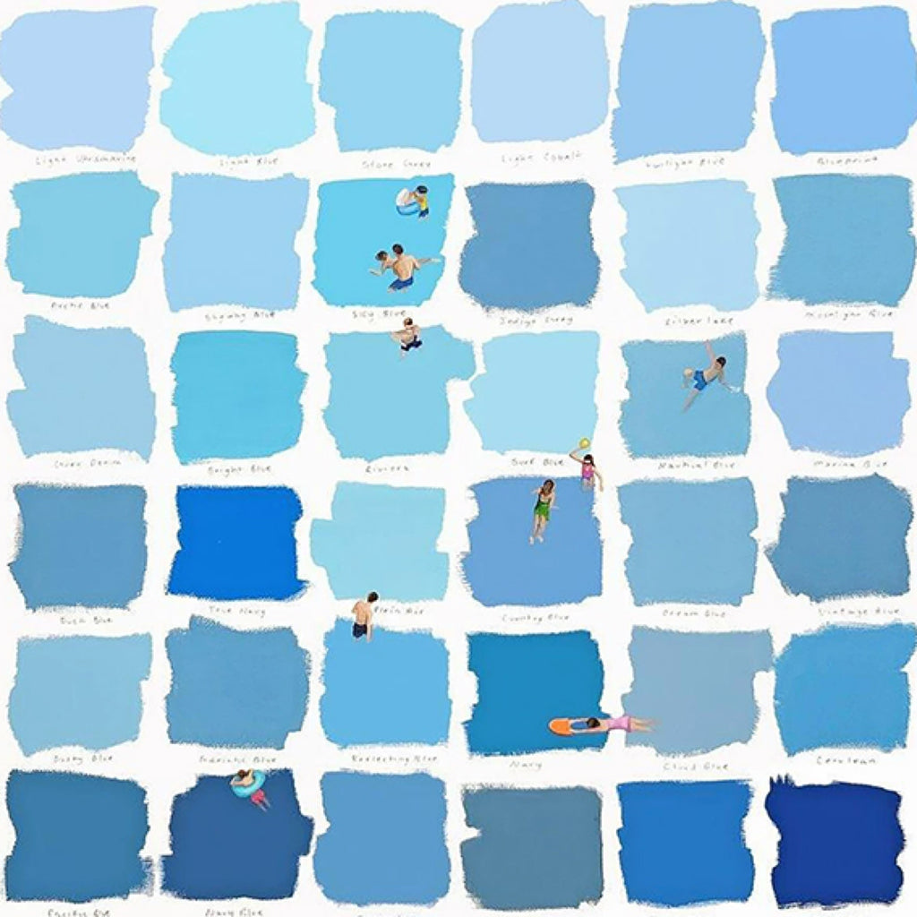 Tiny swimmers dotted across a grid of bright blue squares.