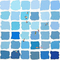 Tiny swimmers dotted across a grid of bright blue squares.